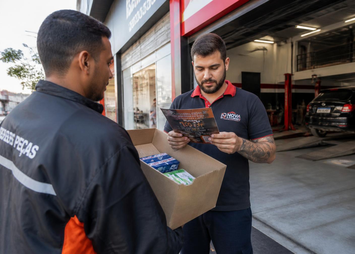 Motoboy entregando caixa de peças com folheto promocional em uma oficina
