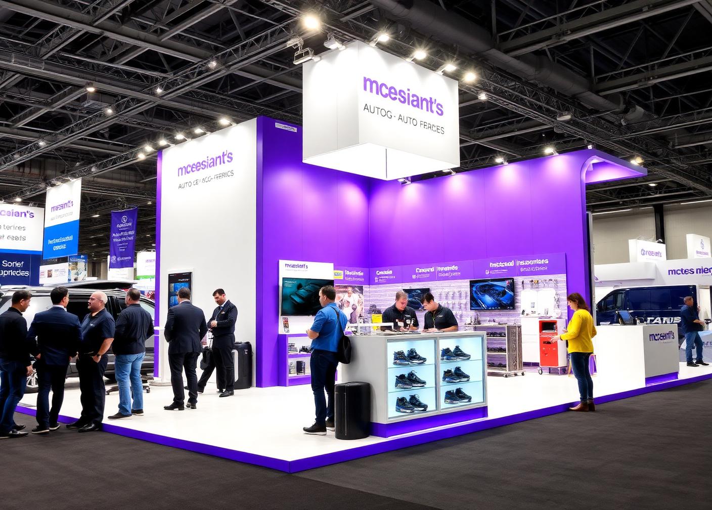 Estande de evento automotivo com visitantes e materiais de marca