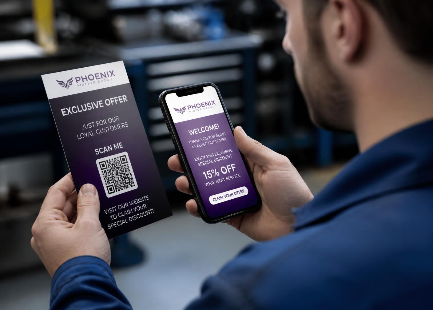 Mecânico escaneando QR Code de folheto promocional com o celular